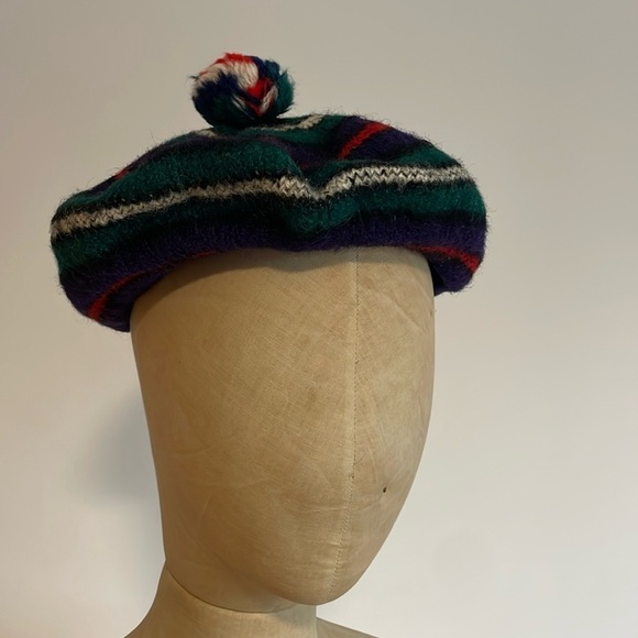VTG Striped Knit Tam Beret Green Wool Pom Scotland MacKenzie Hat Cap Stripe Navy - Picture 2 of 16